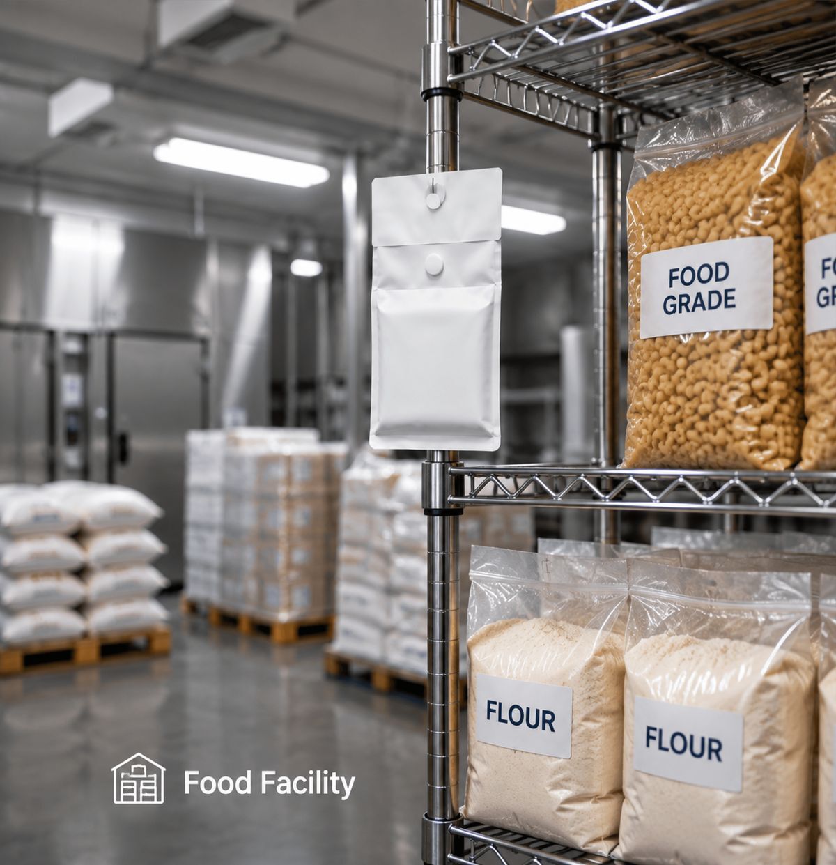 Moth Block dispenser mounted on a shelving unit in a food facility