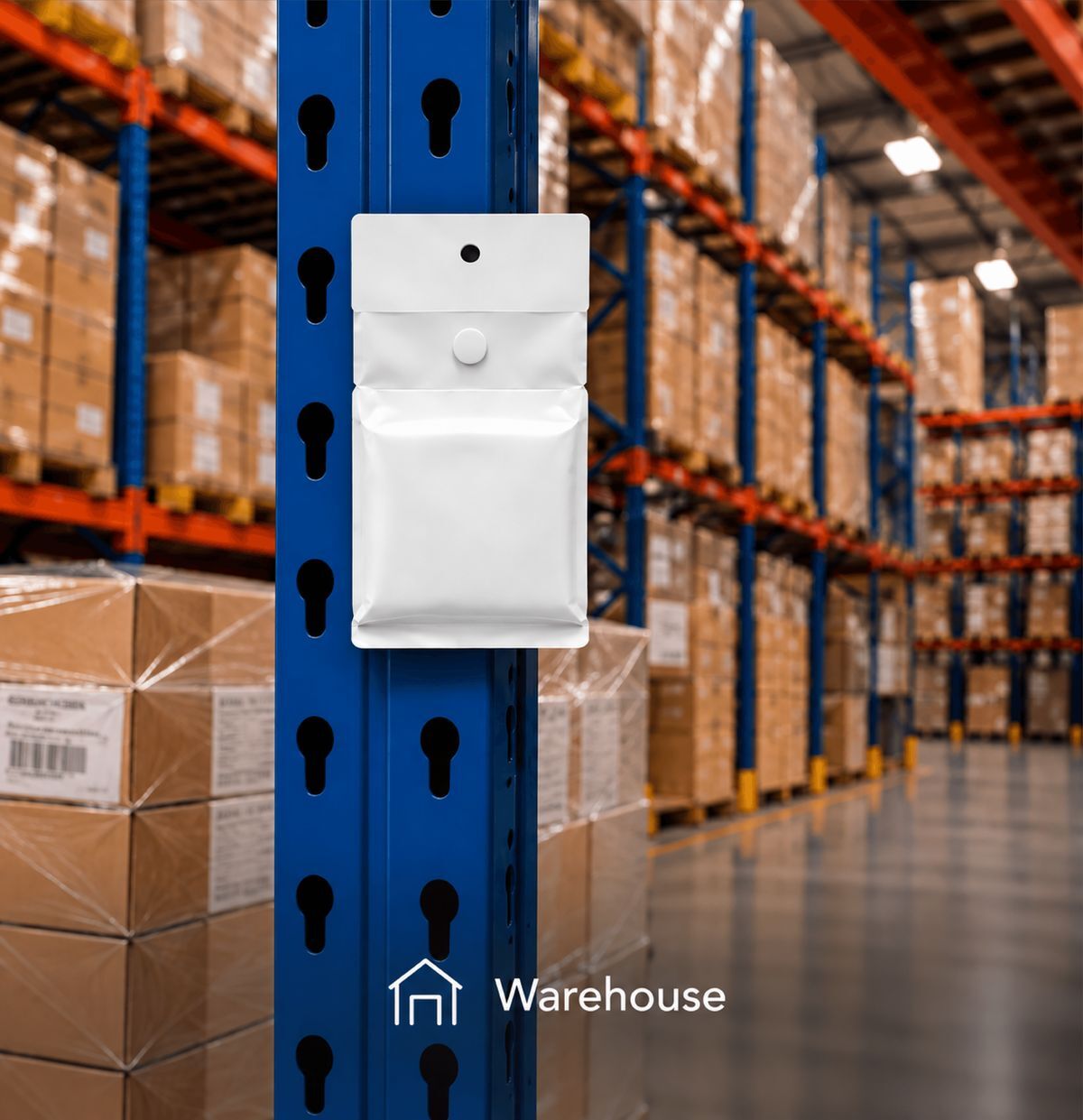 Moth Block dispenser mounted on warehouse racking