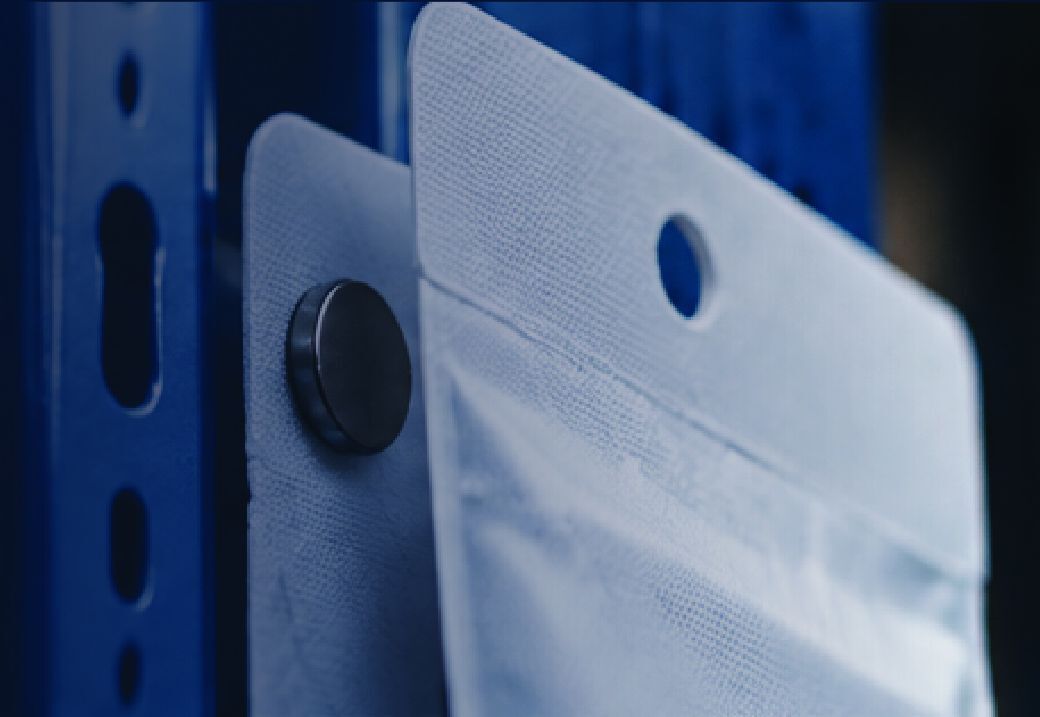 Moth Block dispenser with built-in magnet mounted on a metal rack